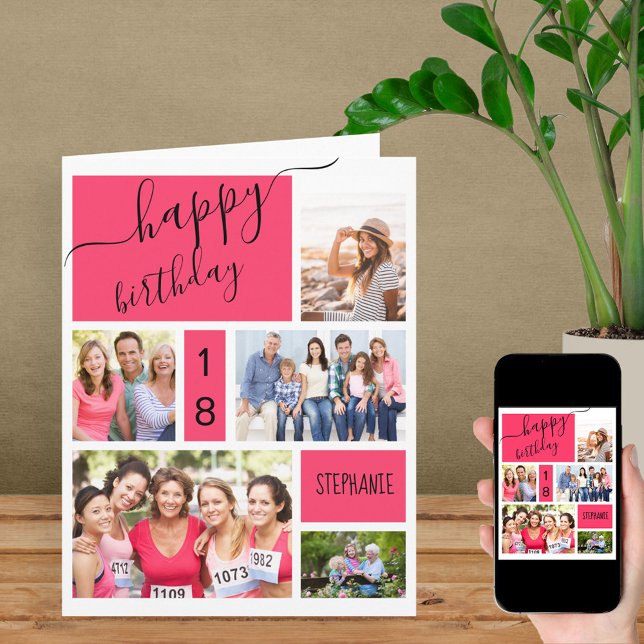 Any Age 5 Photo Collage Pink Personalised Birthday Card (Creator Uploaded)