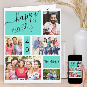 Any Age 5 Photo Collage Turquoise Custom Birthday Card