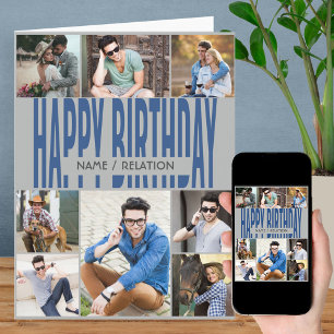 Any Age 8 Photo Collage Blue Grey Birthday Card