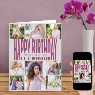 Any Age 8 Photo Collage Pink Birthday Card
