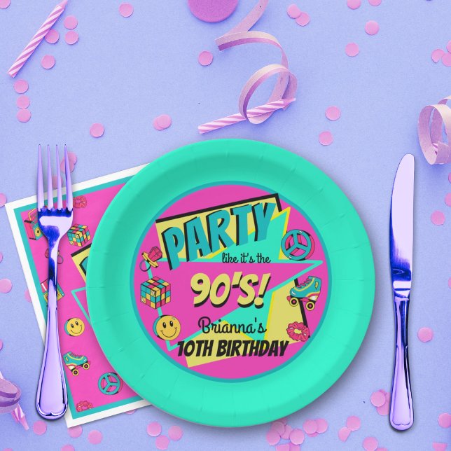 ANY AGE 90's party aqua pink teal personalised Paper Plate (Creator Uploaded)