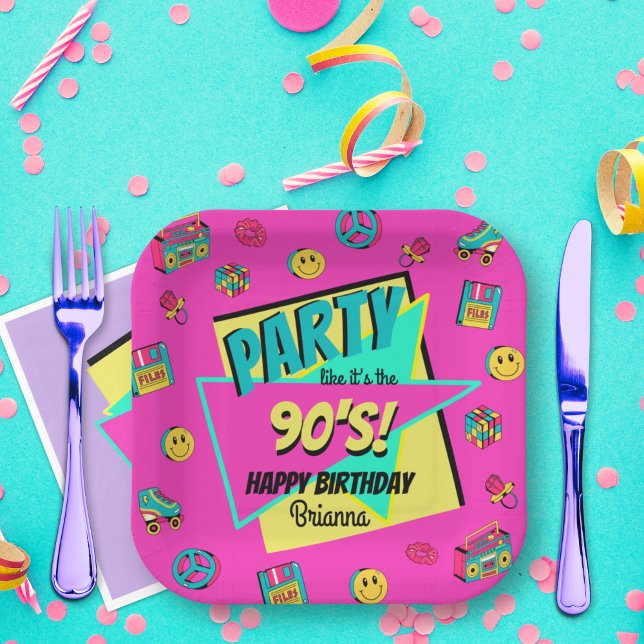 ANY AGE 90s retro birthday party pink personalised Paper Plate (Creator Uploaded)