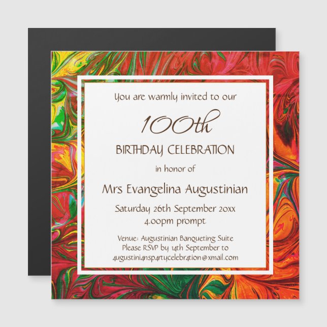 ANY AGE Abstract Red Customisable Birthday Magnetic Invitation (Front/Back)