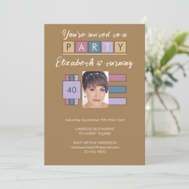 Any age add photo name brown birthday party invitation (Standing Front)