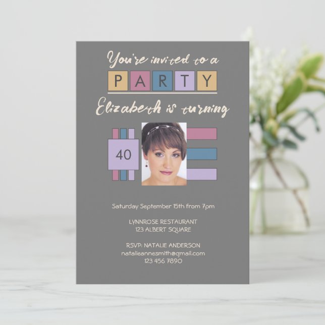 Any age add photo name brown grey birthday party invitation (Standing Front)