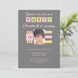 Any age add photo name grey birthday party invitation