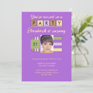 Any age add photo name purple birthday party invitation