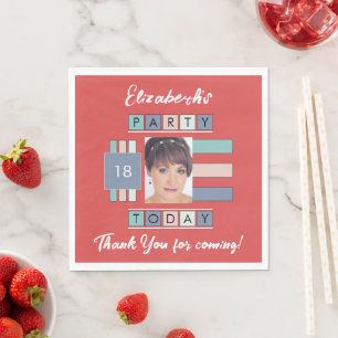 Any age add photo name red birthday party napkin