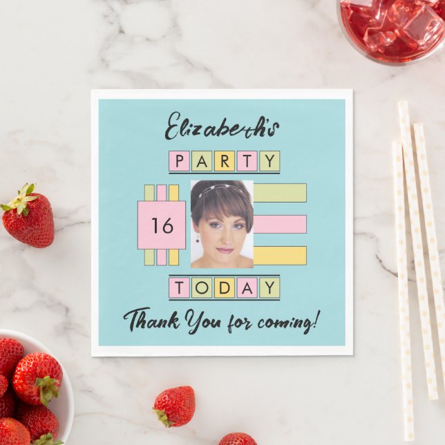 Any age add photo name turquoise birthday party napkin (Insitu)