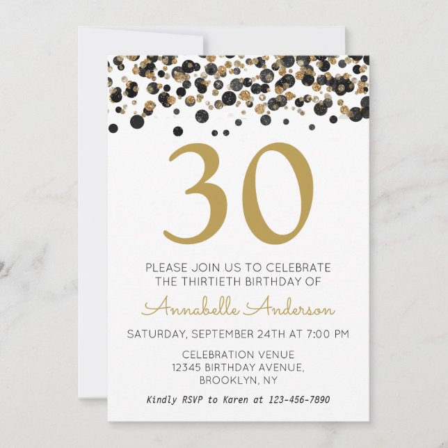 Any Age Adult Birthday Black Gold Glitter Confetti Invitation (Front)