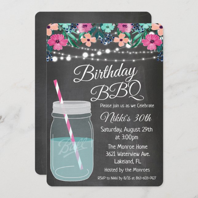 ANY AGE - Birthday BBQ Mason Jar Invitation (Front/Back)