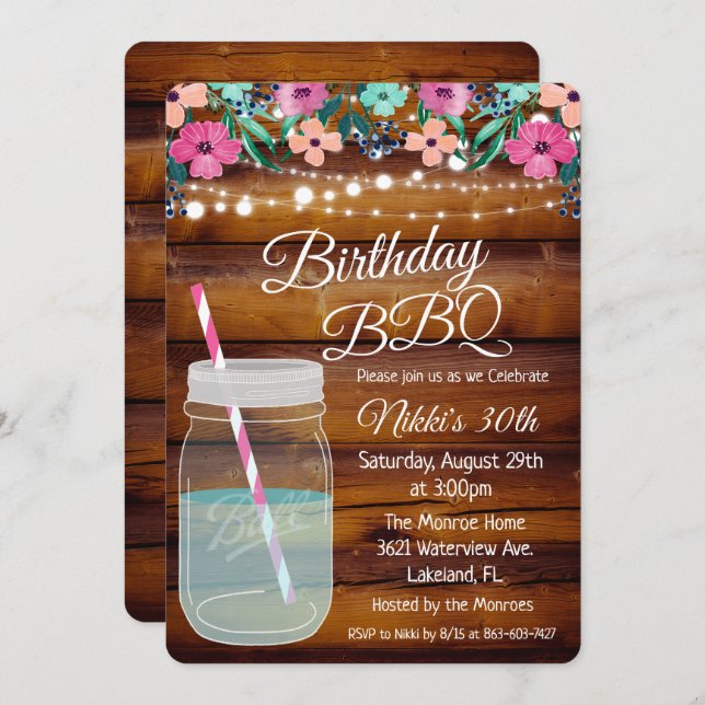 ANY AGE - Birthday BBQ Mason Jar Invitation (Front/Back)