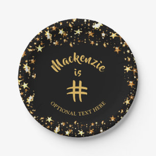 Any Age Birthday Black and Gold Stars Name Paper Plate