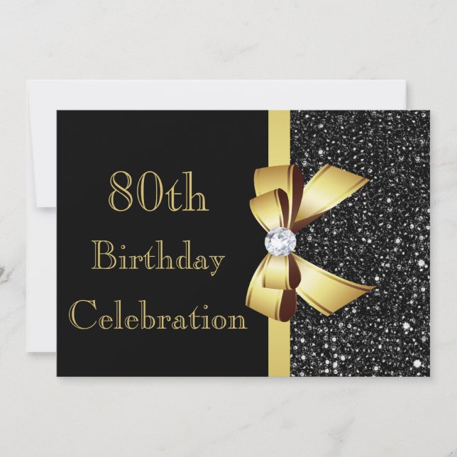 Any Age Birthday Black Faux Sequins Gold Bow Invitation (Front)