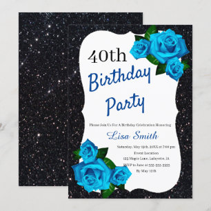 Any Age Birthday Black Glitter Blue Roses Invitation