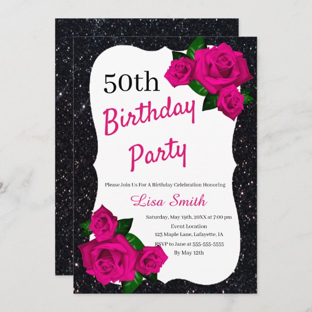 Any Age Birthday Black Glitter Pink Roses Invitation (Front/Back)