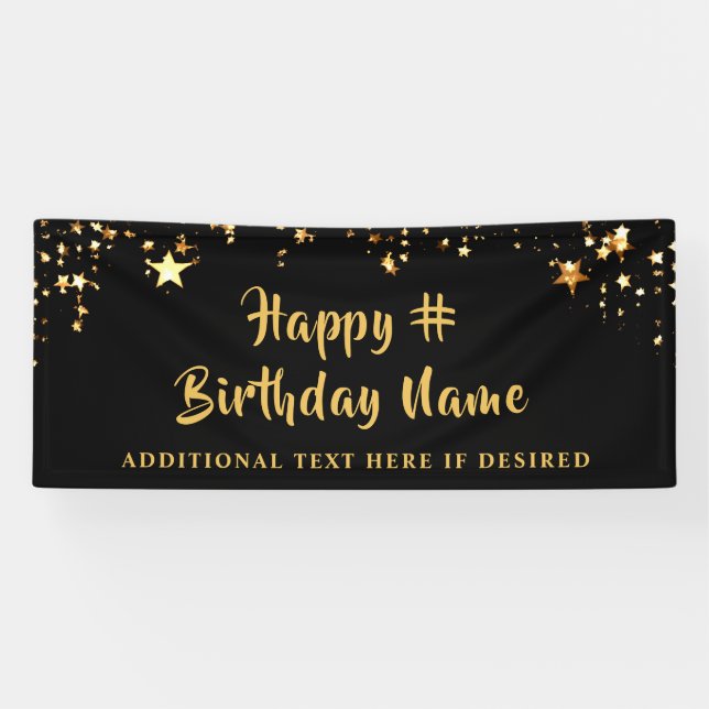 ANY AGE Birthday Black Gold Stars Custom Message B Banner (Horizontal)