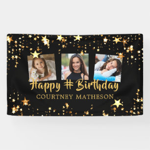 Any Age Birthday Black Gold Stars Photo Name Banner