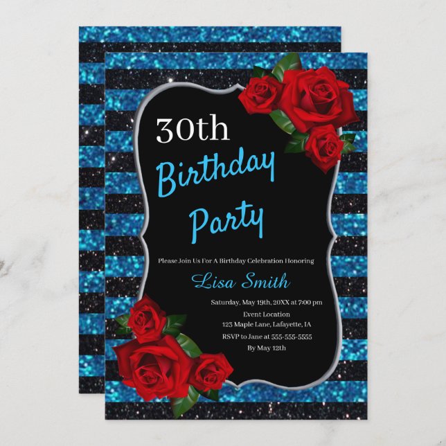 Any Age Birthday Blue And Black Glitter Red Roses Invitation (Front/Back)