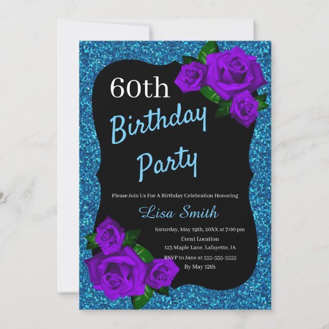 Any Age Birthday Blue Glitter Purple Roses Invitation (Front)