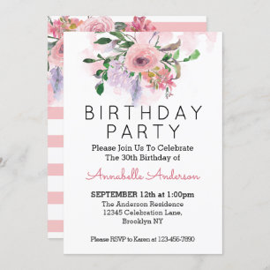 Any Age Birthday Blush Pink Rose Floral Watercolor Invitation