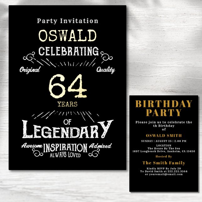 Any Age Birthday Born Legendary Black Gold Retro (Gold foil birthday invitation with black background and white typography.)