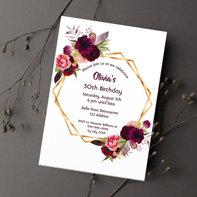 Any age birthday burgundy florals gold geometric invitation (Creator Uploaded)