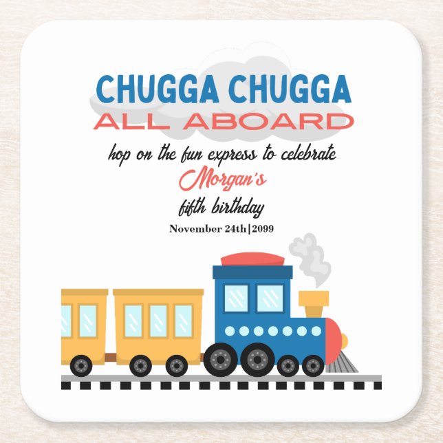 Any Age Birthday Colourful Cartoon Train  Square Paper Coaster (Front)