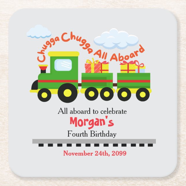 Any Age Birthday Cute Colourful Train With Present Square Paper Coaster (Front)