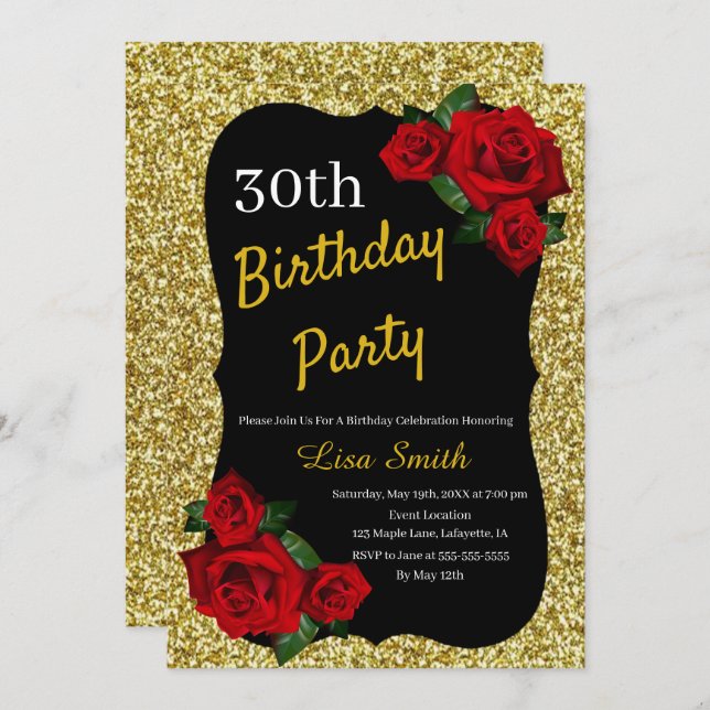 Any Age Birthday Gold Glitter Red Roses Invitation (Front/Back)