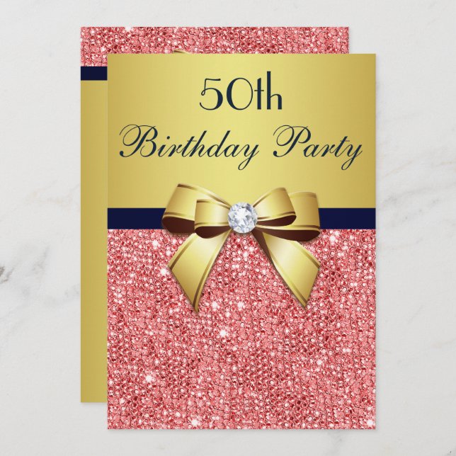 Any Age Birthday Gold Navy Coral Sequins Bow Invitation (Front/Back)