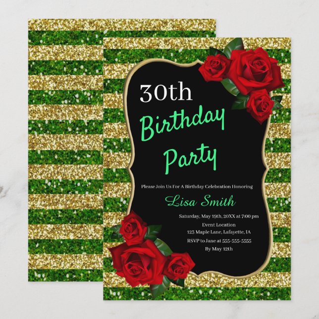 Any Age Birthday Green And Gold Glitter Red Roses Invitation (Front/Back)
