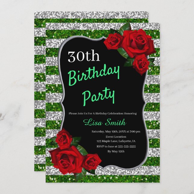 Any Age Birthday Green And Silver Glitter Red Rose Invitation (Front/Back)