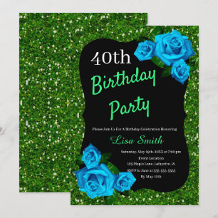 Any Age Birthday Green Glitter Blue Roses Invitation