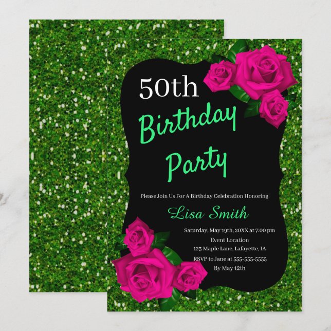 Any Age Birthday Green Glitter Pink Roses Invitation (Front/Back)
