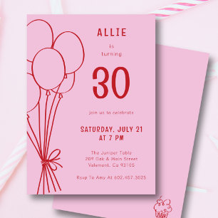 Any Age Birthday Hand Drawn Balloon Pink Red Invitation