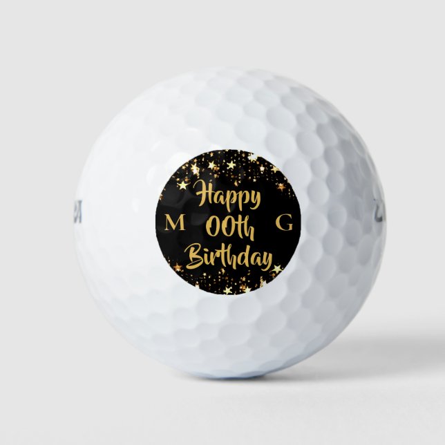 Any Age Birthday Monogram Black Gold Stars Golf Balls (Front)