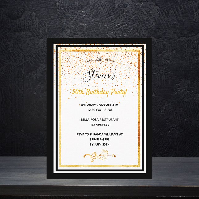 Any age birthday party black white gold invitation postcard (Creator Uploaded)