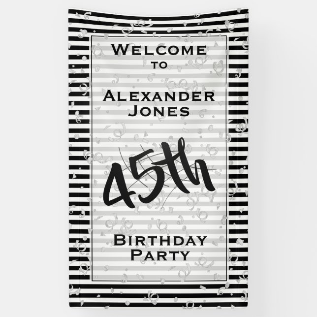 Any Age Birthday Party - Black/White Stripes Banner (Vertical)