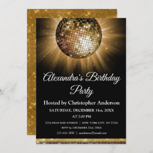 Any Age Birthday Party Gold Sparkle Disco Ball Invitation