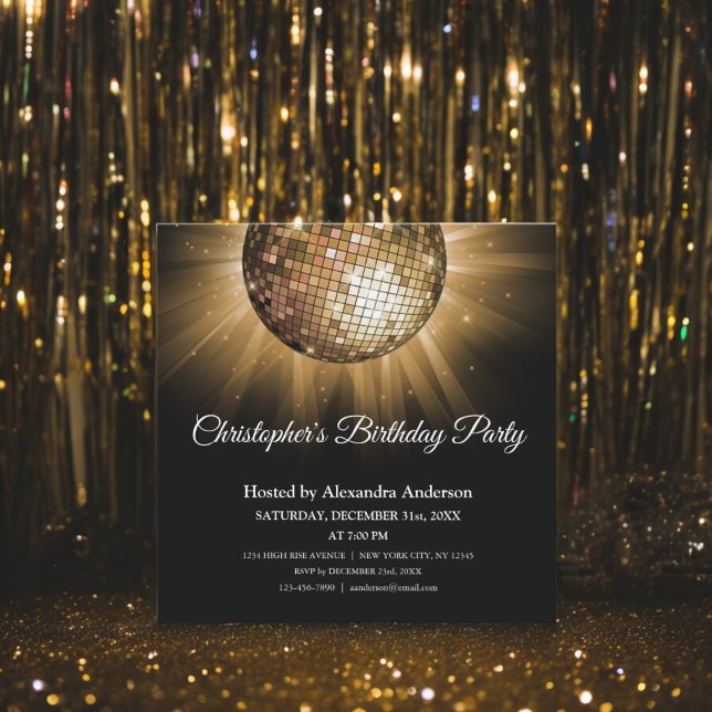 Any Age Birthday Party Gold Sparkle Disco Ball Invitation (Creator Uploaded)