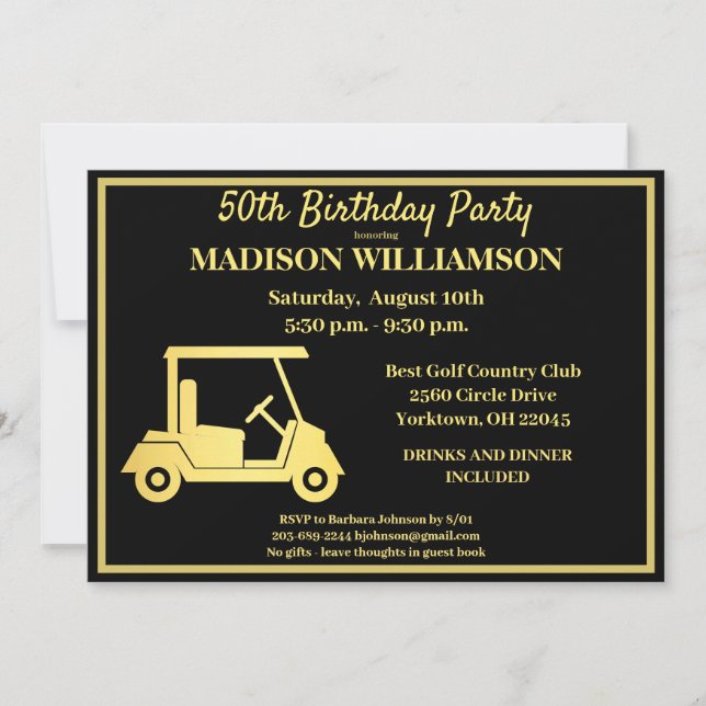 Any Age Birthday Party Golf Black Gold   Invitation (Front)