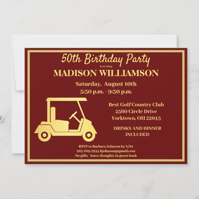 Any Age Birthday Party Golf Red Gold   Invitation (Front)