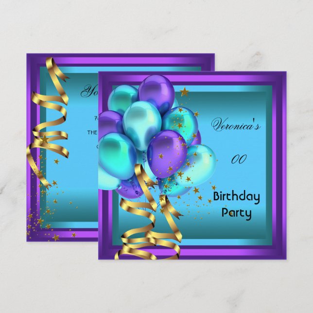 Any Age Birthday Party Purple Teal Balloons Invitation (Front/Back)