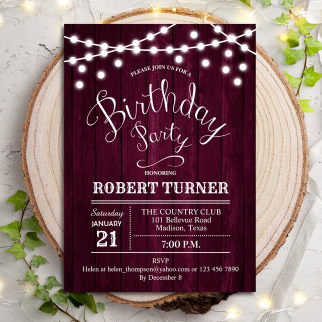 Any Age Birthday Party - Rustic Burgundy Wood Invitation (Creator Uploaded)