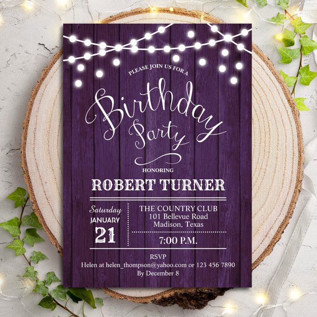 Any Age Birthday Party - Rustic Purple Wood Invitation (Creator Uploaded)