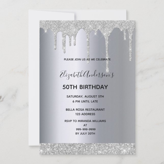 Any age birthday party silver glitter drip invitation (Front)
