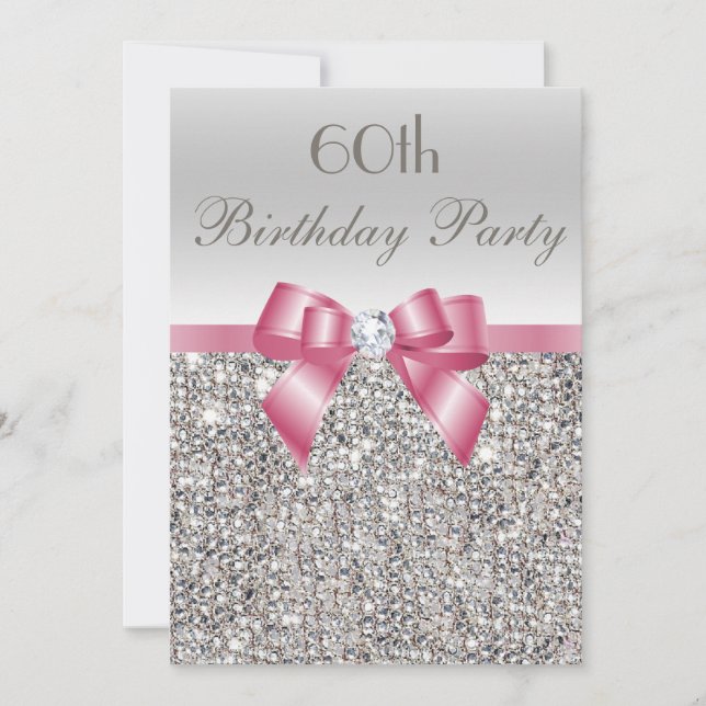 Any Age Birthday Party Silver Sequins Pink Bow Invitation (Front)