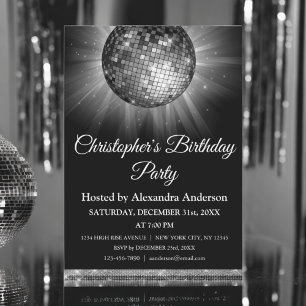 Any Age Birthday Party Silver Sparkle Disco Ball Invitation