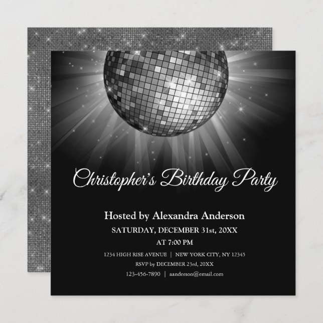 Any Age Birthday Party Silver Sparkle Disco Ball Invitation (Front/Back)